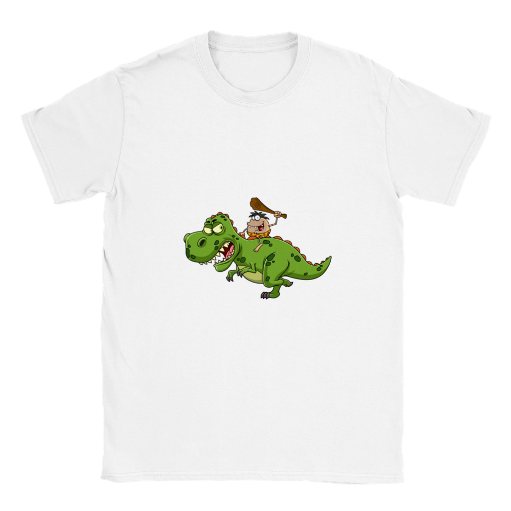 Caveman riding a t-tex kids dinosaur T-shirt