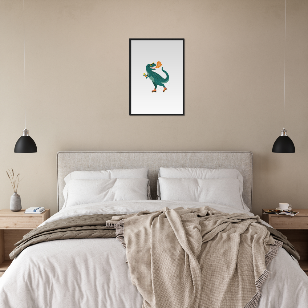 Roller skating t-Rex Premium Matte Paper Wooden Framed Poster