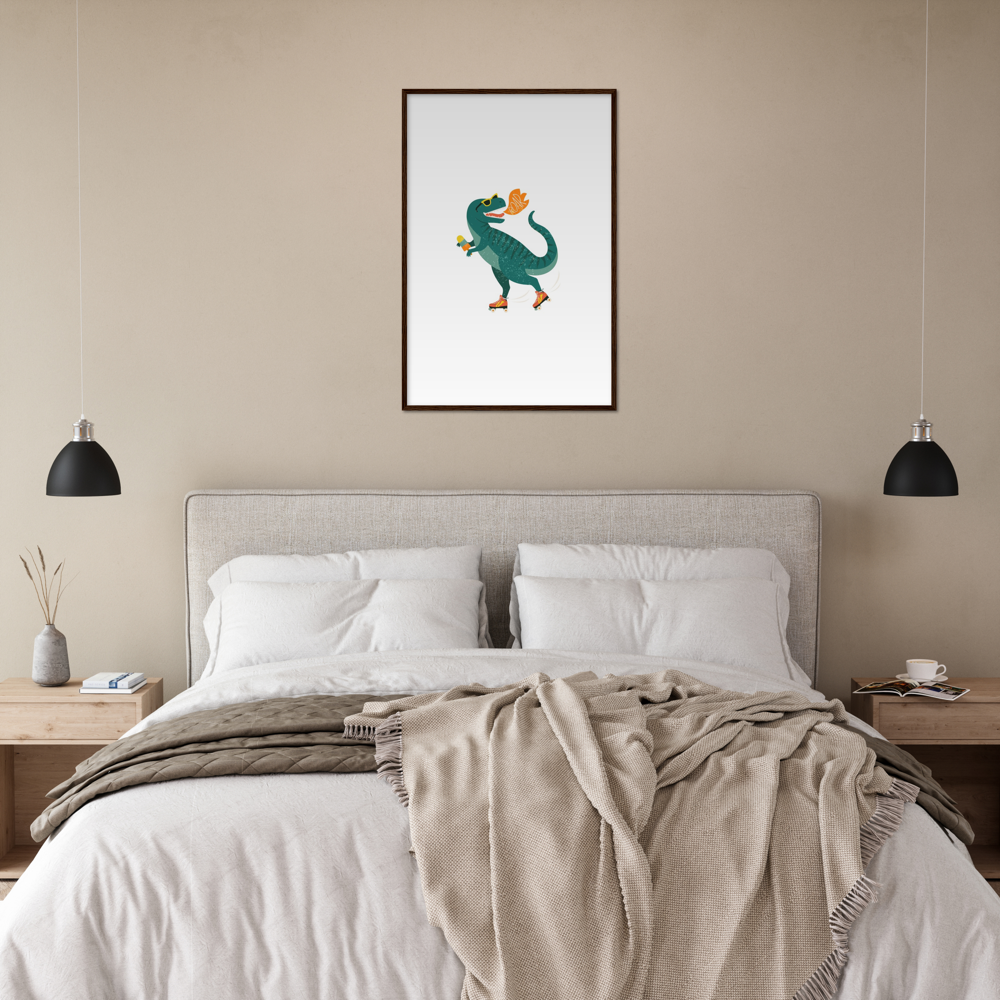 Roller skating t-Rex Premium Matte Paper Wooden Framed Poster