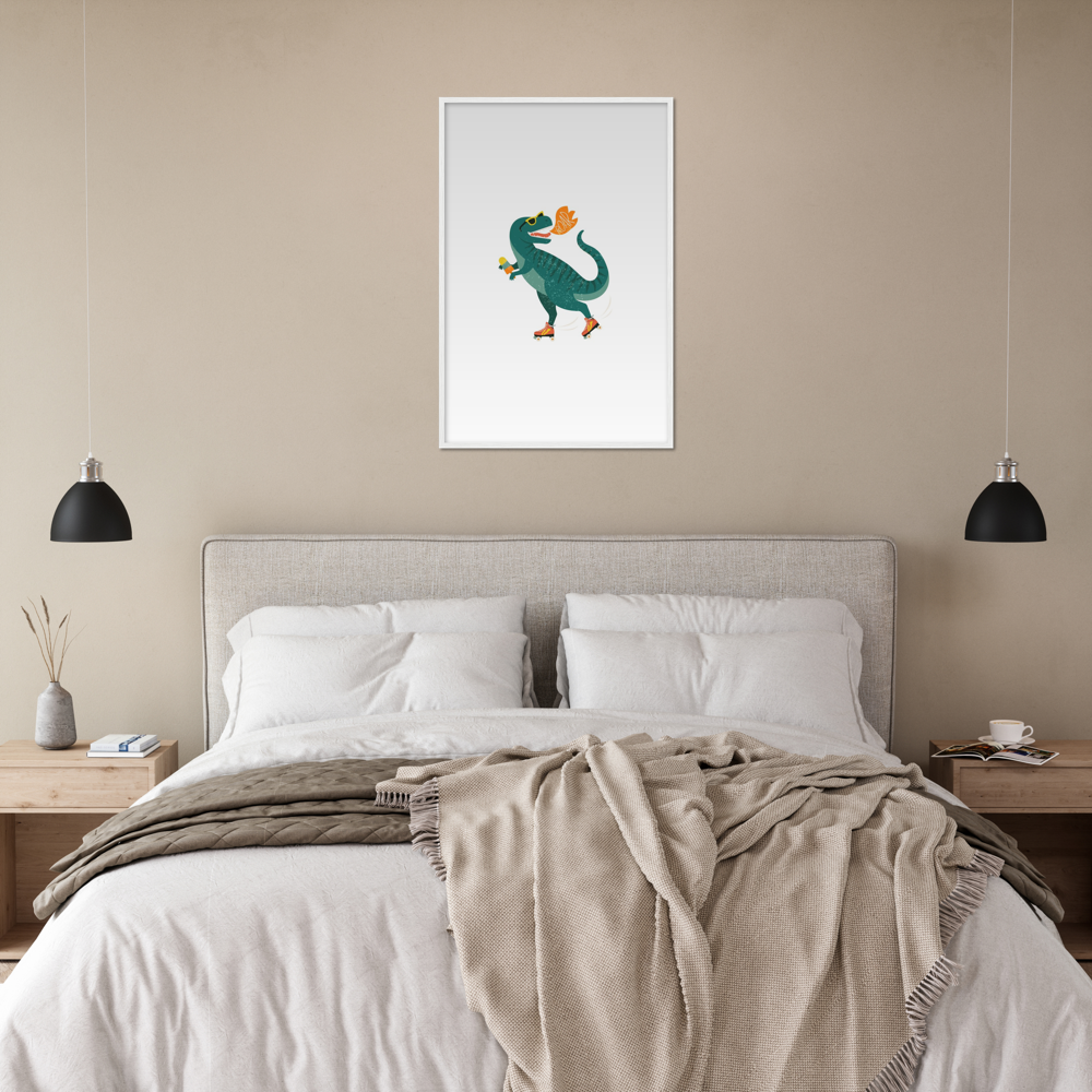 Roller skating t-Rex Premium Matte Paper Wooden Framed Poster