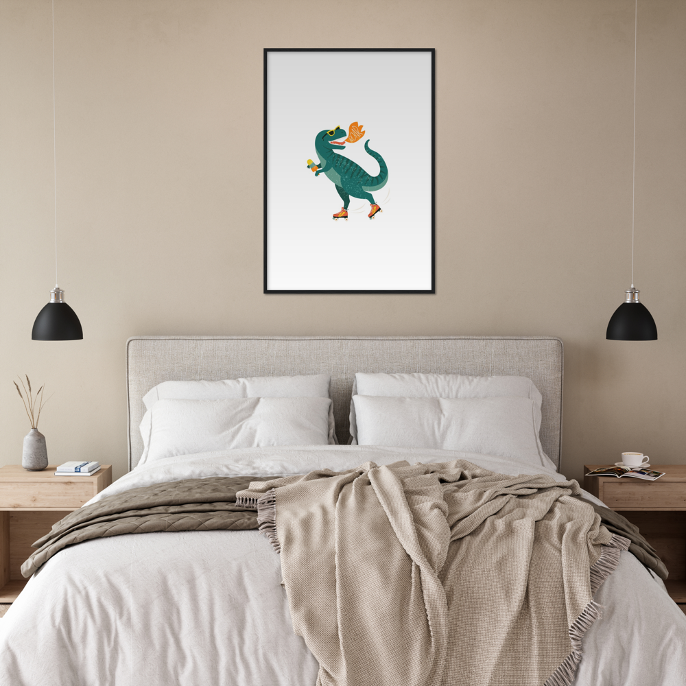 Roller skating t-Rex Premium Matte Paper Wooden Framed Poster