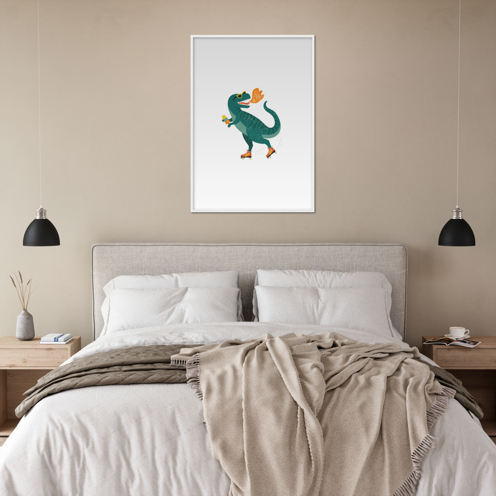 Roller skating t-Rex Premium Matte Paper Wooden Framed Poster